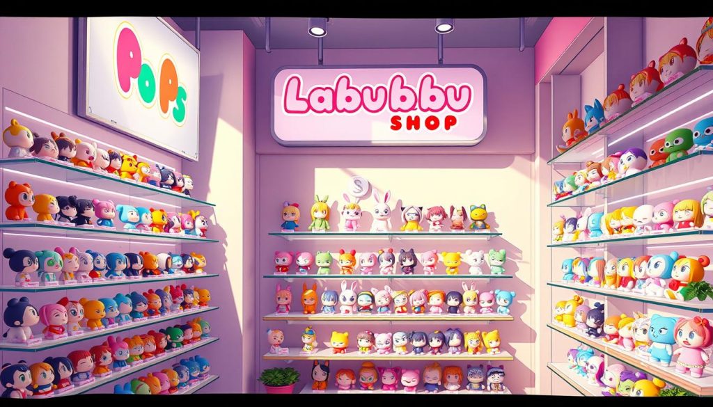A vibrant Pop Mart retail space featuring an array of colorful Labubu figurines displayed on sleek shelves under soft, natural lighting. The Labubu Shop sign prominently displayed, showcasing the brand's playful and whimsical aesthetic. The scene conveys a clean, modern, and welcoming atmosphere, inviting customers to explore the diverse collection of anime-inspired collectibles. The background is minimalist and uncluttered, allowing the Labubu figures to take center stage and captivate the viewer's attention.