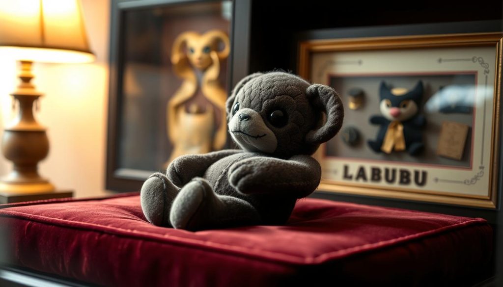 A meticulously crafted plush Labubu figure, its soft fabric gently worn with time, rests upon a velvet-lined display case. Delicate lighting accentuates the intricate stitching and subtle sheen of the material, inviting closer inspection. In the background, a shadow-box frame showcases rare Labubu memorabilia, hinting at the hidden histories and unseen details that captivate collectors. The scene evokes a sense of reverence, as if preserving the essence of these cherished characters. Carefully arranged, the display represents the art of conservation and curation, a testament to the enduring allure of Labubu's mysterious world.