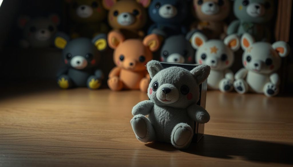 A pristine, rare Labubu plush toy rests on a dimly lit wooden surface, its intricate detailing catching the soft glow of a single spotlight. The toy's unique packaging, a mysterious black box with cryptic symbols, hints at its elusive nature. In the background, an array of other rare Labubu editions, each with their own distinct features, are partially obscured, adding to the sense of discovery and exclusivity. The overall atmosphere is one of enigmatic allure, inviting the viewer to uncover the secrets and hidden value of these coveted collectibles.